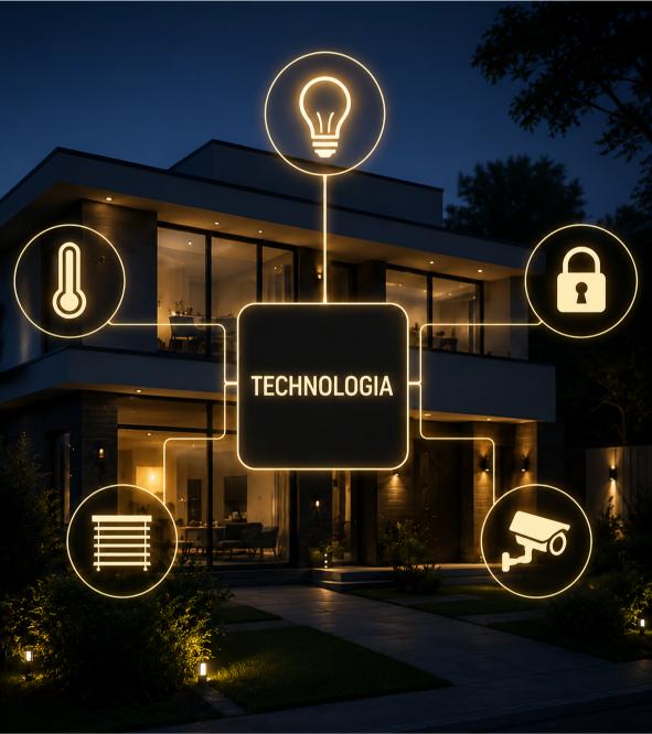 Nowoczesne technologie Smart Home przedstawiające automatykę budynkową, inteligentne oświetlenie, monitoring i systemy bezpieczeństwa