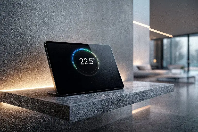 Automatyka domowa Kleszczów – panel dotykowy do zarządzania temperaturą i energią w domu.